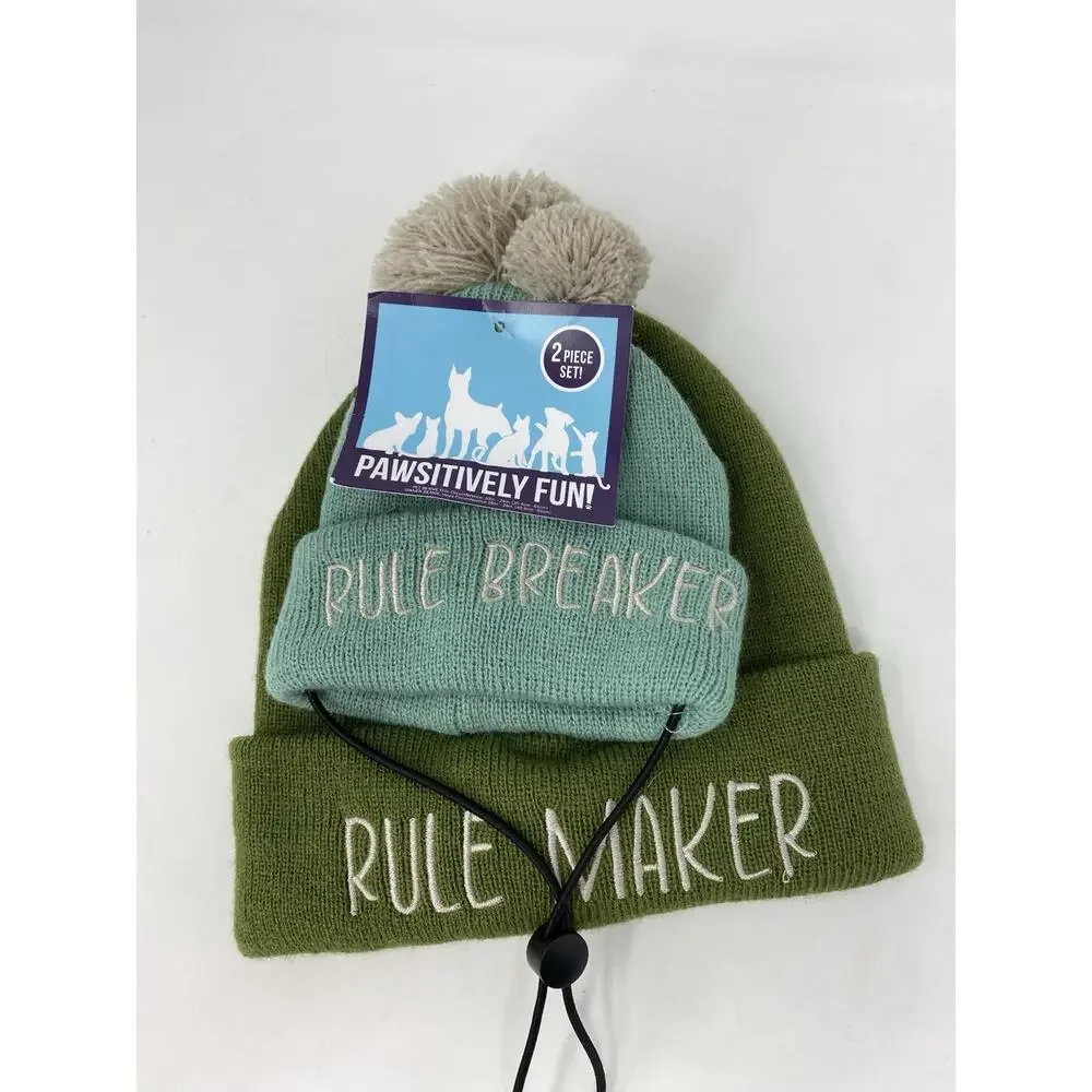 Pawsitively Fun Owner and Pet Beanie Hats Rule Maker Breaker Green Pom Pom NWT